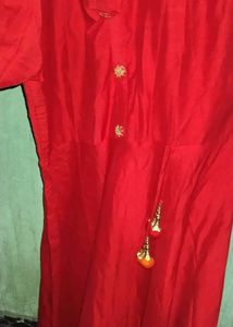 Elegant Red Silk Kurti with Gold Tassels