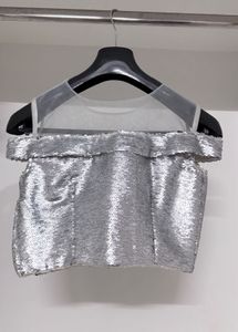 Silver flip‑sequin padded crop top