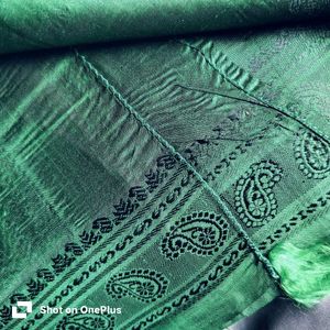 Pure silk black thread work border teal green sare