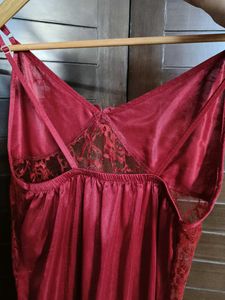 Women Red Satin Lace Nighty With Robe