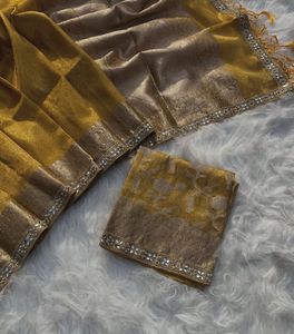 Pure Tissue Silk Golden Saree with Blouse Piece