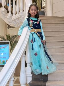 Girls Green And Blue Embelished Net Maxi Dress