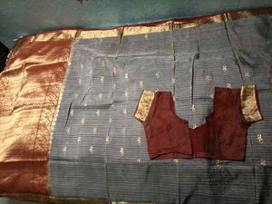 GentlyUsed LanchiPattu GreySaree with maroon blous