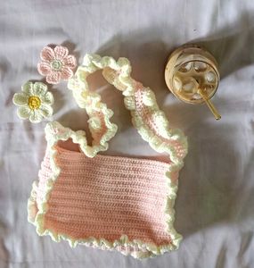 Pink Crochet Ruffle Shoulder Bag
