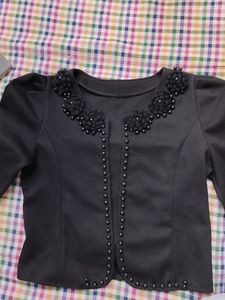 Black Crop Jacket With Embellished Neck Open Front