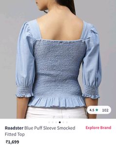 Blue Puff Sleeved Smocked Fitted Top By Roadster