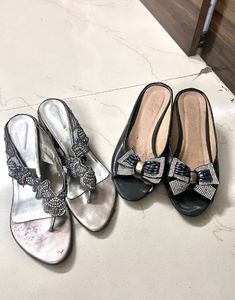 New Stones Emblished Silver And Black Heels Combo