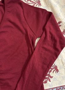 Burgundy Ribbed Button-Up Top