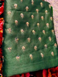 Elegant Green &amp; White Embroidered Saree