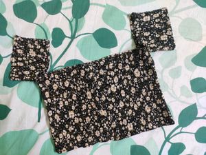 Off Shoulder Floral Black Crop Top