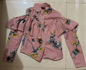 Striped Floral Cold Shoulder Top