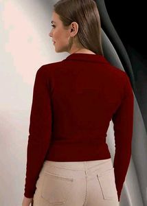 Brown Ribbed Polo Long Sleeve Top