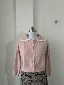 Pink Cardigan with Lace Collar