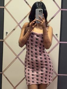 Pink Patterned Ribbed Mini Dress