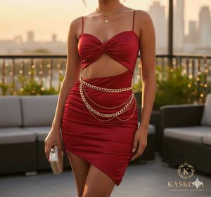 Kaskova Midnight Muse–Red Satin Cut-Out Chain Mini