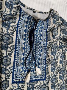 Blue Cotton Printed Embroidered Kurta Set