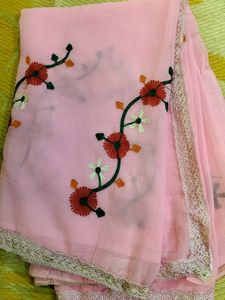 Texture Chiffon Pink ColorThread Embroidery Saree