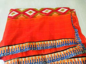 Radiant Deep Orange Saree &amp; Blouse Combo