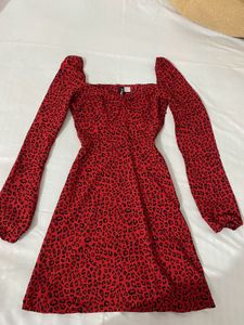 Red Leopard Print Long Sleeve Dress