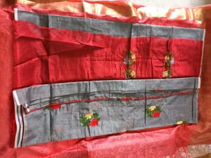 Grey With Red Floral Design ChanderiCotton Saree