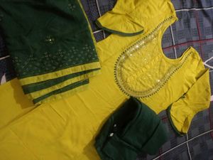 Yellow Embroidered Kurta with Green Dupatta