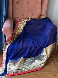 Blue &amp; Gold Sari with Gota Border