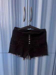 Black Buttoned Denim Shorts