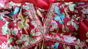 Red Printed Kurti With White Pant