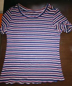 Stretchable Ribbed Max Striped Blue And Pink Tshirt For Women