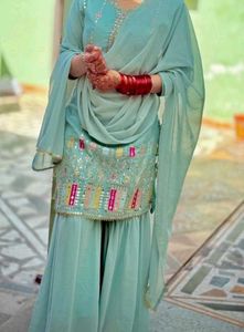 Teal Embroidered Sharara Suit Set