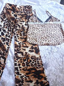 Leopard Print Lace Trim Top&amp; Pillazo Pants Set