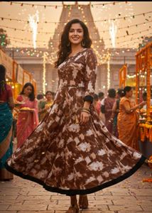 Brown & White Print Anarkali Dress