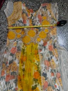 Beautiful Netted Yellow Floral Print Anarkali