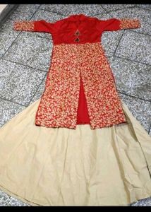 Red Embroidered Kurta &amp; Gold Skirt