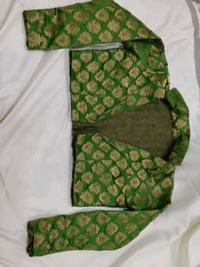 Green Brocade Skirt With Crop Top And Jacket