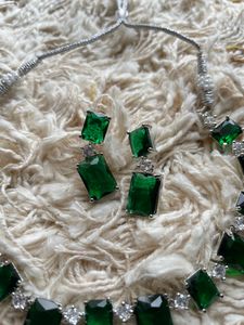 Square Cut Diva Emerald Green AD Necklace