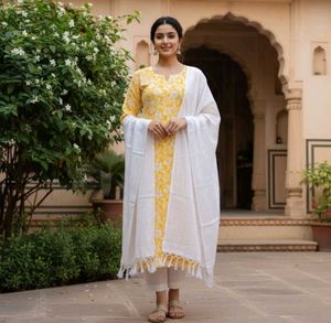 Yellow Printed Kurta with Pure White Dupatta-New