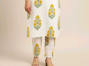 White and Yellow Cotton Kurta Pajama with Dupatta