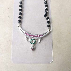 Pure Silver Beautiful Green &amp; Pink CZ Mangalsutra