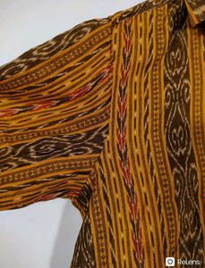 Yellow and Brown Ikat Print Half Sleeve Button Dow