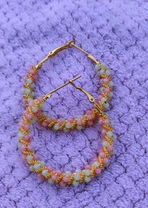 Pink &amp; Green Beaded Hoop Earrings