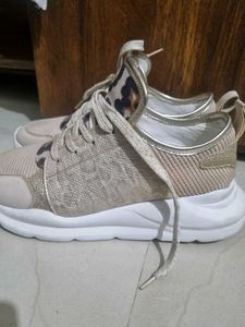 Beige Lace-Up Leopard Print Sneakers