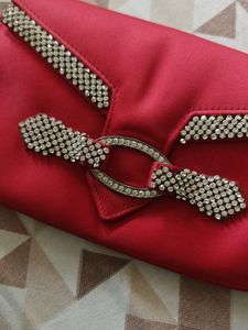 Red Satin Clutch With Diamond Work