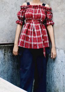 Red Plaid Off-Shoulder Top
