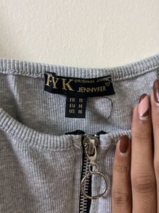 Zip-Up Ribbed Crop Top- Light Grey