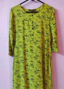 Lemon Green Kurta With Black Leaf Print Design