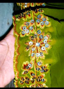 Olive Green Embroidered Sari