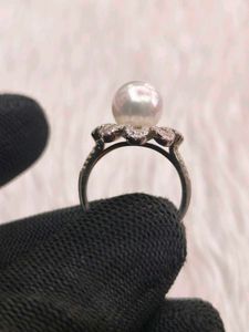Pearl &amp; Diamond Ring 925 Sterling Silver