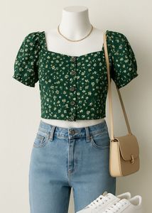 Trendy Green Floral Puff Sleeve Top