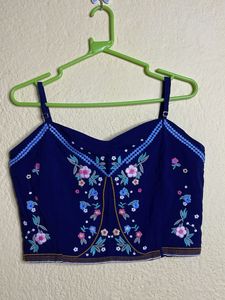Floral Embroidered Navy Crop Top